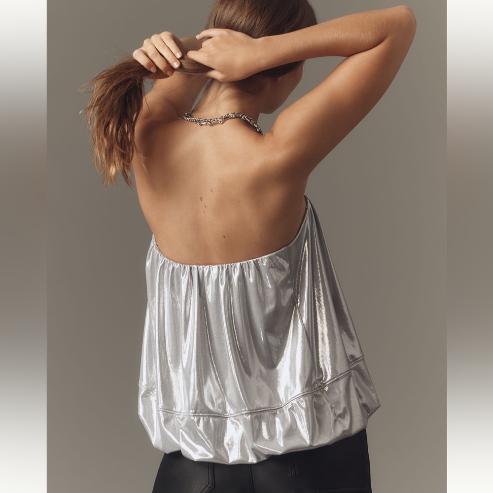 Anthro Maeve Silver Metallic Strapless Bubble Top NWT Size M Summer
